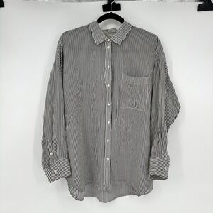 Everlane 100% Silk Black White Striped Button Up Pocket Blouse Boxy Chic 14 FLAW